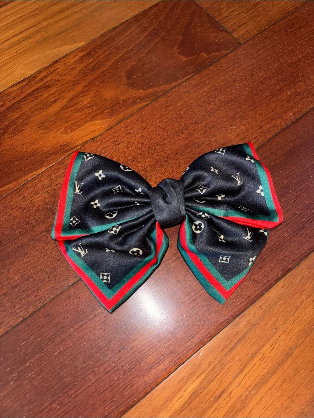 Designer-Style Black Satin Bow Hair Clip with Red & Green Trim